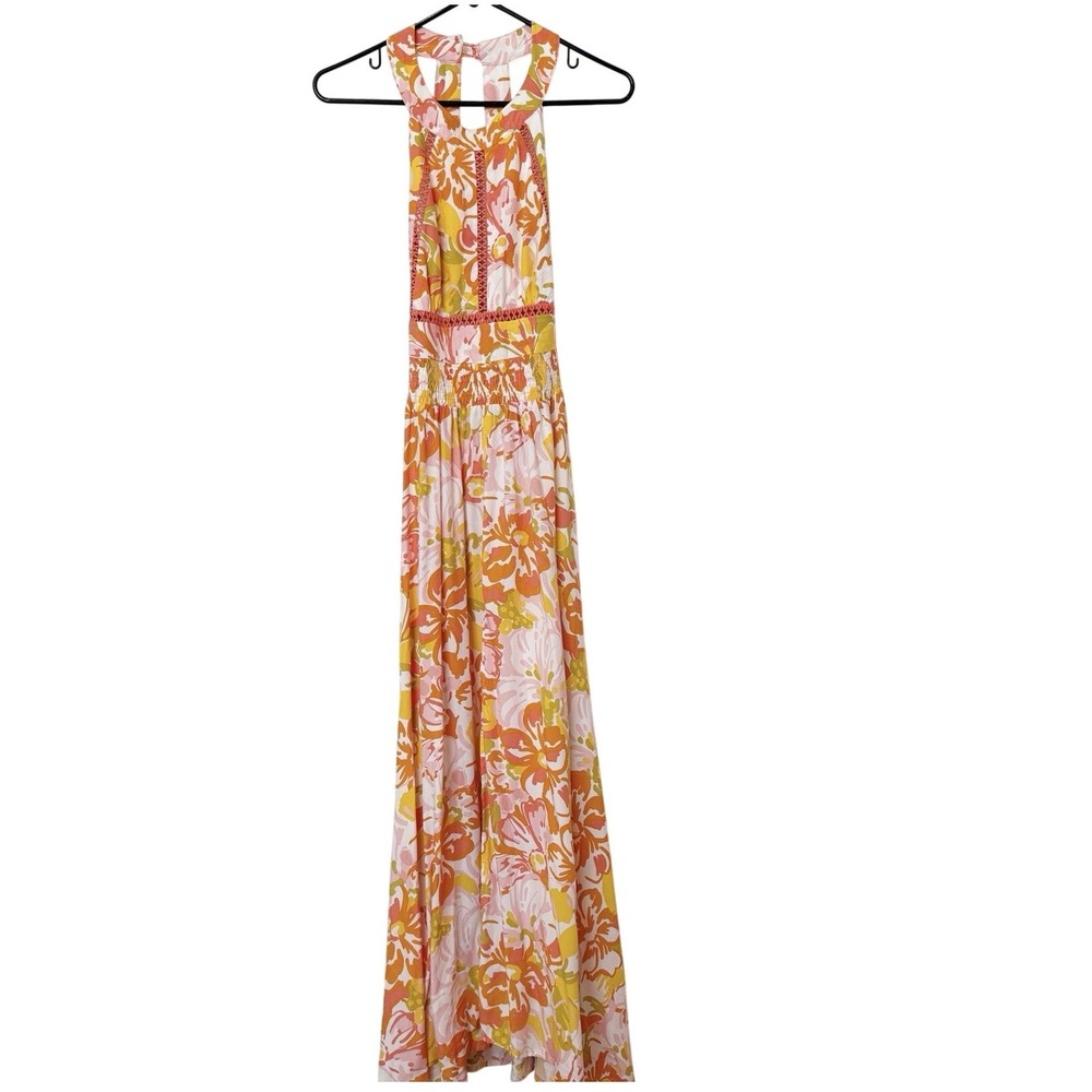 Abel The Label Floral Maxi Dress Medium Boho Resort Tropical Open Back Flowy